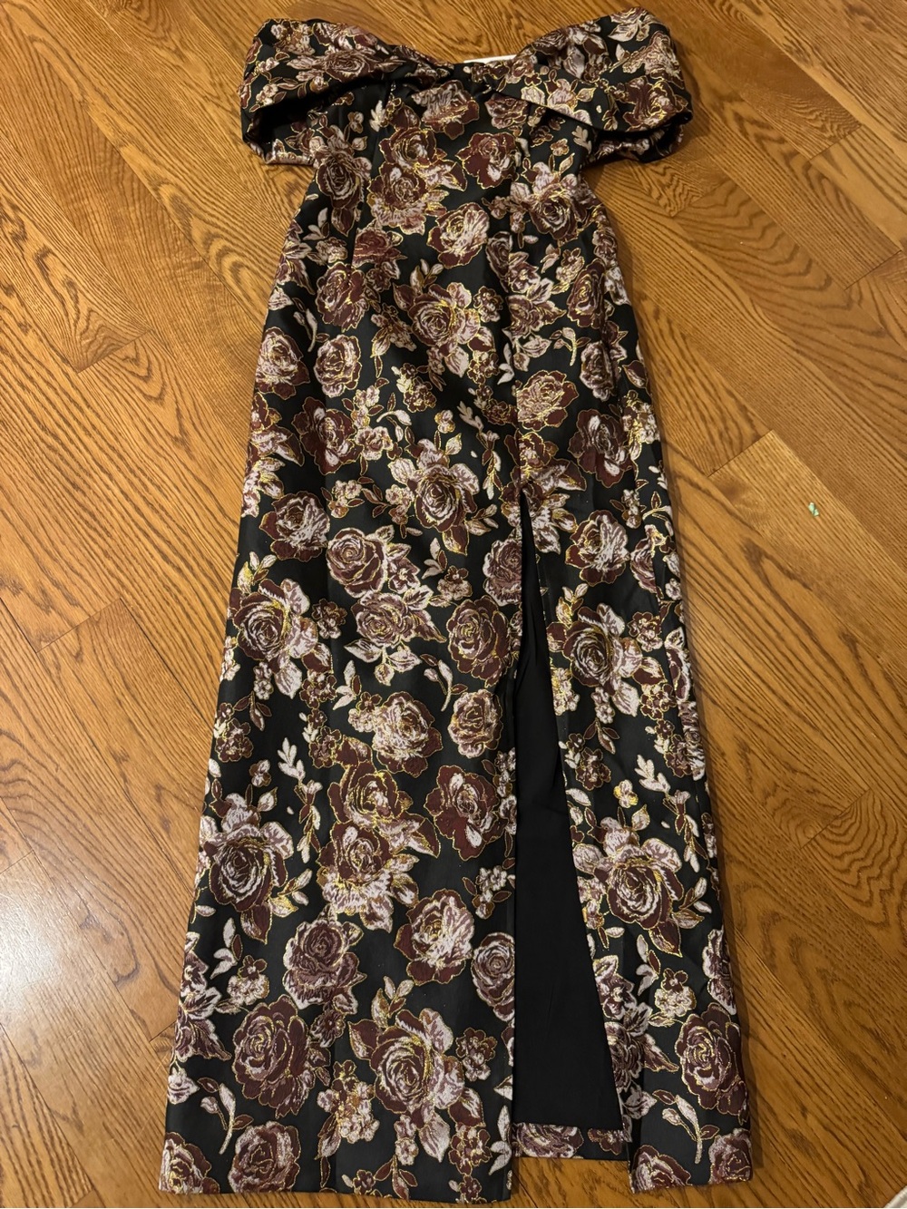 Petal & Pup Black Strapless Floral Gown with Brown and Cream Roses